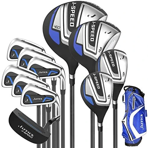 Basic beginner golf clubs including wedges, irons, hybrids and a driver.