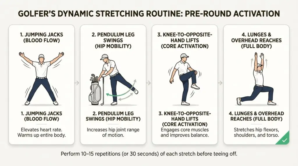 Golfers perform dynamic stretches and mobility exercises before playing rounds.